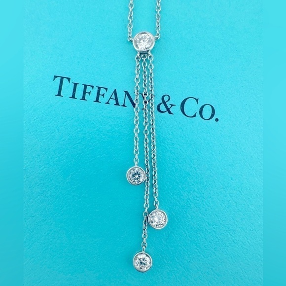 Tiffany & Co. Platinum Triple Diamond Drop Lavalier Necklace 16" 💎💎💎 - Picture 1 of 7